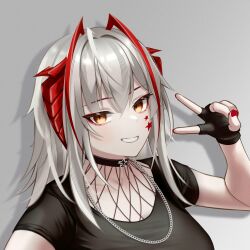 1girl :d absurdres antenna_hair arknights arm_up black_gloves black_shirt chain chain_necklace facial_mark fingerless_gloves fingernails gloves grey_background grey_hair grin highres jewelry looking_at_viewer medium_hair multicolored_hair nail_polish necklace open_mouth red_nails reeper_gtr shadow shirt short_sleeves smile solo star_(symbol) star_facial_mark streaked_hair t-shirt upper_body v w_(arknights) yellow_eyes
