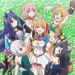 6+girls ahoge album_cover animal_ears animal_hands arm_up armpits bare_shoulders bell black_hair blue_eyes blue_hair bow breasts cat_ears cat_paws cleavage closed_mouth cover dress floating_hair flower flower_ornament gloves grass green_eyes hair_between_eyes hair_flower hair_ornament hair_ribbon hand_in_own_hair highres hiyori_(princess_connect!) holding holding_weapon horns karyl_(princess_connect!) kokkoro_(princess_connect!) large_breasts long_hair looking_at_viewer looking_back medium_breasts midriff multicolored_hair multiple_girls neck_bell non-web_source official_art on_grass open_hand open_mouth orange_eyes orange_hair outdoors pecorine_(princess_connect!) pink_hair pointy_ears princess_connect! red_eyes rei_(princess_connect!) ribbon ribs skirt sleeveless small_breasts smile staff standing teeth thighs upper_teeth_only weapon white_gloves white_hair yui_(princess_connect!)