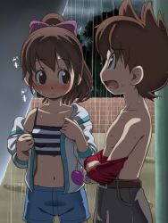 1boy 1girl amano_keita awa bare_shoulders belt blue_shorts blush bow brown_hair child embarrassed hair_bow high_ponytail hood hoodie kodama_fumika looking_at_another outdoors pants pink_bow ponytail rain shirt shorts striped_tank_top tank_top topless_male undressing watch wet wet_clothes wet_hair wet_shirt youkai_watch youkai_watch_(object)