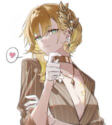 1girl aglaea_(fashion)_(honkai:_star_rail) aglaea_(honkai:_star_rail) blonde_hair breast_tattoo breasts choker cleavage gloves grey_shirt hair_ornament hand_up heart highres honkai:_star_rail honkai_(series) looking_at_viewer official_alternate_costume shirt short_hair simple_background smile solo spoken_heart tattoo upper_body white_background white_gloves xianyuqihaouki yellow_eyes