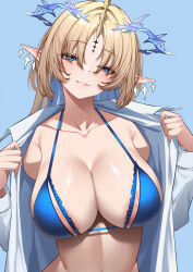 1girl absurdres alternate_costume areola_slip bikini blonde_hair blue_background blue_bikini blue_eyes blue_hair breasts chinese_commentary closed_mouth collarbone colored_inner_hair commentary_request crown_of_thorns earrings fleurdelys_(wuthering_waves) floating_earrings highres horns jewelry kremble large_areolae large_breasts long_hair looking_at_viewer multicolored_hair open_clothes open_shirt pointy_ears shirt sidelocks single_horn smile solo swimsuit tacet_mark_(wuthering_waves) upper_body white_shirt wuthering_waves yellow_horns