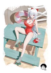 1girl bare_shoulders beach blush bow breasts cinderella_(nikke) cleavage covered_navel danny_marx goddess_of_victory:_nikke hair_bow hair_ornament hair_over_one_eye highres innertube large_breasts legs long_hair navel one-piece_swimsuit one_eye_covered parted_lips picnic_table red_bow red_eyes red_one-piece_swimsuit roller_skates sitting skates smile solo swim_ring swimsuit table thighs very_long_hair visor_cap white_hair