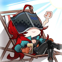 1girl ahoge artist_request beach_chair blue_jacket bonneville_(neural_cloud) book book_on_head can chibi chibi_only chinese_commentary covered_eyes crossed_legs girls&#039;_frontline girls&#039;_frontline_neural_cloud highres holding holding_can jacket musical_note object_on_head official_art reclining red_hair relaxing second-party_source smile solo sun