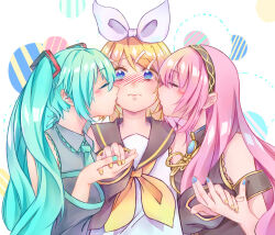 3girls aqua_hair aqua_nails blonde_hair blue_eyes blue_nails blush bow breasts brooch closed_eyes female_focus girl_sandwich hatsune_miku highres holding_hands jewelry kagamine_rin kissing_cheek long_hair megurine_luka multiple_girls neckerchief pink_hair sailor_collar sandwiched short_hair twintails vocaloid yellow_nails yellow_neckerchief yuri