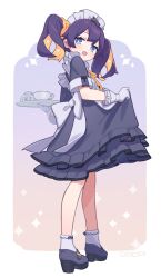 1girl :d apron black_dress black_shoes blue_eyes blush bright_pupils commentary cup dress frilled_dress frills full_body gloves high_heels highres holding holding_plate looking_at_viewer maid maid_headdress mug multicolored_hair open_mouth orange_hair original plate purple_hair shoes short_hair short_sleeves signature skirt_hold smile socks solo standing symbol-only_commentary tekka_maki_(wafuu-bune) two-tone_hair white_apron white_gloves white_pupils white_socks