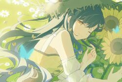 1girl bare_shoulders braid brown_eyes bug butterfly closed_mouth detached_sleeves dress earrings field flower flower_field hair_ornament hat highres holding holding_flower insect jewelry long_hair looking_at_viewer lying on_side one_eye_closed outdoors project_sekai puffy_sleeves shiraishi_an short_sleeves smile solo straw_hat sunflower upper_body yellow_flower yuki72611