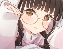 Rule 34 | 1girl, :t, animification, blunt bangs, blush, brown eyes, brown hair, commentary request, hanazora satsuki, highres, jacket, long sleeves, looking at viewer, lying, nonaka kokona, on stomach, pink jacket, portrait, real life, selfie, sidelocks, sleeves past wrists, solo, voice actor