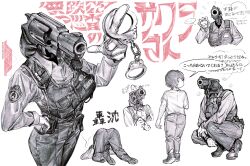 ... 1girl 2boys artist_logo breasts bulletproof_vest chain child collared_shirt cuffs gloves gun hand_on_own_hip handcuffs handgun highres index_finger_raised juerucj logo long_sleeves multiple_boys object_head original pants police police_uniform policewoman revolver shirt speech_bubble spoken_ellipsis top-down_bottom-up walkie-talkie weapon white_background