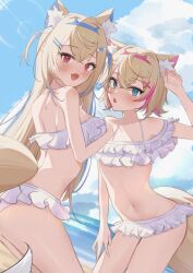 2girls absurdres animal_ear_fluff animal_ears arm_up beach bikini blue_eyes blush breasts collarbone dog_ears dog_girl dog_tail frilled_bikini frills fuwawa_abyssgard hair_between_eyes hair_ornament highres hololive hololive_english kimchizu long_hair looking_at_viewer looking_back medium_breasts mococo_abyssgard multiple_girls navel open_mouth original pink_eyes short_hair smile stomach swimsuit tail virtual_youtuber white_bikini