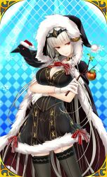 bird black_thighhighs breasts crow giuniu grey_hair large_breasts long_hair morigan_raven red_eyes thighhighs uchi_no_hime-sama_ga_ichiban_kawaii