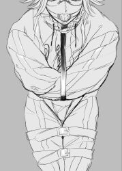 1boy aotsuki_eito ball_gag bdsm bondage bound bound_arms bound_legs drooling gag gagged gagged_male glasses grey_background greyscale highres male_focus monochrome saliva simple_background solo solo_focus straightjacket the_hundred_line_-last_defense_academy-
