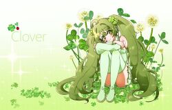 ahoge arm_on_knee arm_tattoo boots bug closed_mouth clover detached_sleeves flower green_eyes green_hair hareeangkki hatsune_miku highres insect knees_up ladybug panties sitting smile striped_clothes striped_panties tattoo thigh_boots underwear vocaloid white_flower