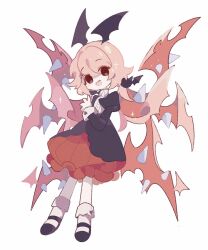 1girl @_@ bat_hair_ornament black_dress black_footwear buttons colored_skin dress frilled_dress frills funamusea haiiro_teien hair_ornament hair_wings heart highres long_sleeves looking_at_viewer medium_hair open_mouth pink_hair ponytail puffy_long_sleeves puffy_sleeves rawberry_preserves red_eyes sharp_teeth simple_background socks solo spiked_wings teeth white_background white_skin white_socks wings yyht_meiqi