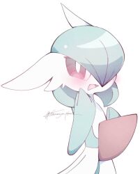 blush bob_cut colored_skin gardevoir gen_3_pokemon green_hair green_skin hair_over_one_eye highres looking_at_viewer multicolored_skin narumiya_pkmn nintendo open_mouth pink_eyes pokemon pokemon_(creature) signature simple_background smile two-tone_skin white_background white_skin