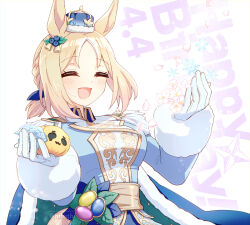 1girl animal_ears blonde_hair blue_coat blue_flower blue_rose blush braid breasts closed_eyes coat collared_coat crown dated ear_ornament epaulettes flower gloves half_up_braid happy_birthday hihiqhi horse_ears jack-o&#039;-lantern long_sleeves medium_breasts mini_crown narita_top_road_(celestial_road)_(umamusume) narita_top_road_(umamusume) open_mouth petals rose sash short_hair smile solo twitter_username umamusume upper_body watermark white_gloves