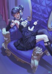 Rule 34 | 1girl, absurdres, bare shoulders, blood, blood on face, blue hair, breasts, champagne flute, cup, drinking glass, hair bun, halloween, highres, indie virtual youtuber, lala 2080, lilpa, long hair, looking at viewer, multicolored hair, open mouth, orange eyes, smile, solo, streaked hair, virtual youtuber
