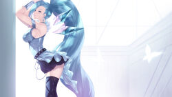 1girl belt black_skirt black_thighhighs blue_eyes blue_hair blue_shirt breasts bug butterfly cait_aron crystal_earrings earrings from_side highres insect jewelry k/da_all_out_seraphine_superstar large_breasts league_of_legends light_smile long_hair looking_at_viewer ponytail seraphine_(league_of_legends) shirt single_vambrace skirt sleeveless sleeveless_shirt solo thighhighs vambraces very_long_hair zettai_ryouiki