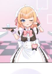 1boy 1girl absurdres ahoge amateu_illust black_dress blonde_hair blue_eyes blurry blurry_background blush bow depth_of_field dress frills heart highres looking_at_viewer maid maid_headdress motosu_towa one_eye_closed open_mouth puffy_short_sleeves puffy_sleeves short_sleeves solo tray world_dai_star wrist_cuffs
