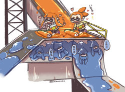 1boy 1girl :d heart highres inkling inkling_boy inkling_girl inkling_player_character long_hair nintendo open_mouth paint paint_roller pointy_ears same_anko smile speech_bubble splat_roller_(splatoon) splatoon_(series) splatoon_1 squid tentacle_hair thought_bubble translated twitter_username