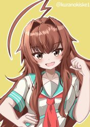 Rule 34 | 1girl, ahoge, blush, breasts, brown eyes, brown hair, highres, huge ahoge, kantai collection, kuma (kancolle), kuma kai ni (kancolle), kurano kisuke, long hair, looking at viewer, medium breasts, open mouth, ribbon, sailor collar, sailor shirt, school uniform, serafuku, shirt, short sleeves, skirt, solo, twitter username, upper body, white shirt, yellow background