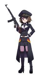 Rule 34 | 1girl, assault rifle, black boots, black jacket, black necktie, black skirt, black thighhighs, boots, breasts, brown eyes, brown hair, collared shirt, commission, cosplay, girls&#039; frontline, gloria (pokemon), gloves, gun, hand on own hip, hand up, hat, highres, holding, holding weapon, jacket, karepack, looking at viewer, medium breasts, medium hair, military hat, necktie, nintendo, peaked cap, pokemon, pokemon swsh, rifle, shirt, skirt, smile, solo, stg44, stg44 (girls&#039; frontline), stg44 (girls&#039; frontline) (cosplay), thighhighs, trigger discipline, weapon, white gloves, white shirt