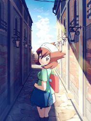 1girl alley bag beret bianca_(pokemon_heroes) black_socks blue_bag blush brown_eyes brown_hair building closed_mouth cloud commentary_request day gen_3_pokemon green_shirt hat highres lamp latias latios legendary_pokemon mentarakooo nintendo outdoors pokemon pokemon_(anime) pokemon_(classic_anime) pokemon_(creature) pokemon_heroes:_latios_&amp;_latias shirt short_sleeves sketchbook skirt sky smile socks standing two_side_up white_hat white_skirt
