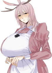 1girl absurdres animal_ears apron black_eyes blush breasts closed_mouth collared_dress contrast_collar dress highres horns huge_breasts jackalope_(neyaneyashiteru) jackalope_girl juliet_sleeves long_sleeves medium_hair monster_girl neyaneyashiteru original pink_dress pink_hair puffy_sleeves rabbit_ears simple_background solo standing upper_body white_apron white_background white_sleeve_cuffs