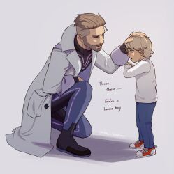 2boys aged_down arven_(pokemon) beard blue_pants brown_eyes child commentary commentary_request crying english_commentary english_text facial_hair father_and_son green_eyes grey_background highres jmarsswordsman lab_coat long_sleeves male_focus mixed-language_commentary multiple_boys nintendo on_one_knee pants pokemon pokemon_sv professor_turo red_shoes shadow shirt shoelaces shoes short_hair simple_background standing twitter_username undercut very_short_hair white_shirt
