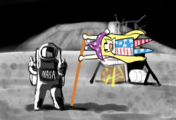 1boy 1girl :d american_flag_dress american_flag_legwear astronaut blonde_hair clownpiece double_v fairy_wings hat jester_cap long_hair minamura_haruki moon nasa on_moon open_mouth pantyhose smile touhou v very_long_hair wings |_|