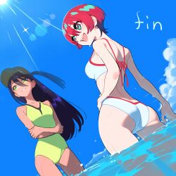 2girls absurdres amate_yuzuriha aqua_eyes ass back bare_shoulders baseball_cap bikini blue_sky blush bob_cut breasts cloud commentary_request day gundam gundam_gquuuuuux hair_between_eyes hand_on_own_hip hat highres kisaragi_shokuin long_hair looking_up median_furrow multiple_girls nyaan_(gundam_gquuuuuux) ocean one-piece_swimsuit one_side_up open_mouth outdoors purple_hair red_hair short_hair shoulder_blades sky smile standing swimsuit wading water wet white_bikini yellow_eyes yellow_one-piece_swimsuit