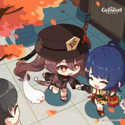 3girls absurdres black_boots black_hat black_shoes black_shorts blue_hair blunt_bangs boo_tao_(genshin_impact) boots braid braided_hair_rings brown_hair cat chibi chinese_clothes closed_eyes commentary copyright_name dot_nose dress english_commentary fingerless_gloves flower from_above genshin_impact ghost gloves grey_hair grey_nails hair_between_eyes hair_ornament hair_rings hairclip hat hat_flower highres holding holding_hands hu_tao_(genshin_impact) jewelry long_hair long_sleeves multiple_girls multiple_rings nail_polish official_art open_mouth red_eyes ring shirt shoes short_shorts shorts smile socks standing standing_on_one_leg symbol-shaped_pupils tassel tile_floor tiles tree twintails v-shaped_eyebrows very_long_hair vision_(genshin_impact) white_socks xiangling_(genshin_impact)