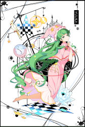 1girl barefoot bird blue_flower blush border capelet chain character_name commentary crescent crescent_pin cube cuckoo female_focus floating flower green_hair half-closed_eyes hat hat_ornament highres hip_focus ideolo_(style) kazami_yuuka kazami_yuuka_(pc-98) legs long_hair looking_up nightcap pajamas parody pocket_watch roman_numeral single_sock smile socks solo sparkle star_(symbol) star_pin style_parody touhou touhou_(pc-98) very_long_hair watch white_background yorktown_cv-5