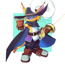 black_cape black_hat black_pants body_fur brown_gloves cape cat digimon digimon_(creature) eye_mask fang full_body gloves green_eyes hat highres holding holding_sword holding_weapon notaventura nyabootmon pants simple_background sword weapon yellow_fur