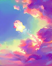 :o amedama_(akaki_4207) blue_eyes blue_sky blush_stickers cloud colored_skin commentary_request evening flying gradient_sky kirby kirby_(series) light_particles looking_ahead nintendo no_humans open_mouth outdoors pink_clouds pink_skin red_shoes riding scenery shoes sky solid_oval_eyes solo sparkle star_(symbol) sunlight warp_star yellow_sky