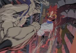 angry calm city crossed_arms destruction dragon_ball dragon_ball_gt fighting fusion gogeta highres incoming_attack muscular muscular_male omega_shenron red_hair super_saiyan super_saiyan_4 tagme tail