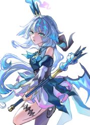 1girl :o black_shoes blue_dress blue_eyes blue_hair breasts cane cerydra_(honkai:_star_rail) commentary_request crown dress hair_intakes highres holding holding_cane honkai:_star_rail honkai_(series) long_hair mini_crown shoes simple_background small_breasts solo thighhighs wa_serin white_background