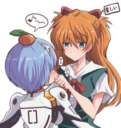 2girls ayanami_rei blue_eyes blue_hair blush bodysuit cheek_pinching food food_on_head fruit fruit_on_head fujitaka_nasu hair_between_eyes hairpods interface_headset_(evangelion) long_hair mandarin_orange mecha_pilot_suit multiple_girls musical_note neon_genesis_evangelion object_on_head orange_hair pinching plugsuit_(evangelion) puffy_cheeks red_ribbon ribbon school_uniform short_hair short_sleeves simple_background souryuu_asuka_langley speech_bubble translated upper_body white_background white_bodysuit