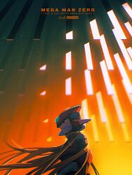 Rule 34 | 1boy, armor, armored gloves, arms at sides, blurry, blurry background, breastplate, city, city lights, cityscape, copyright name, dappled sunlight, english text, evening, facing to the side, gauntlets, gem, green gemstone, grey eyes, grey trim, helmet, highres, leg armor, light particles, long hair, looking ahead, looking to the side, male focus, mega man (series), mega man zero (series), monolith (object), noinoichebura, obelisk, orange hair, outdoors, pillar, red armor, red helmet, reflection, reflective surface, shoulder armor, space helmet, spacesuit, sunlight, upper body, white trim, wind, zero (mega man)