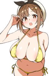 atelier_(series) atelier_ryza atelier_ryza_1 bikini breasts brown_eyes brown_hair ecgg_(tsuji418477) elbow_gloves gloves highres large_breasts looking_at_viewer reisalin_stout simple_background swimsuit white_background white_gloves yellow_bikini