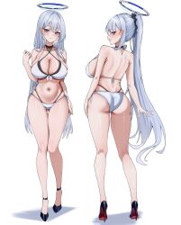 Rule 34 | 1girl, absurdres, alternate costume, alternate hairstyle, ass, bare arms, bare back, bare legs, bare shoulders, bikini, black scrunchie, black shoes, blue archive, blush, breasts, cleavage, closed mouth, from behind, grin, hair ornament, hair scrunchie, halo, high heels, highres, lanhua227, large breasts, looking at viewer, navel, noa (blue archive), ponytail, purple eyes, scrunchie, shoes, smile, solo, stomach, swimsuit, white bikini, white hair, white halo