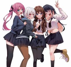 4girls black_hair black_hood black_hoodie black_necktie black_pantyhose black_shoes black_skirt black_socks black_sweater black_thighhighs blazer blue_eyes blush boots braid braided_ponytail breasts brown_boots brown_hair brown_jacket brown_pantyhose brown_shoes closed_eyes colored_inner_hair dot_nose female_focus hair_over_shoulder hand_up highres himekawa_nene hood hoodie igarashi_masakuni inohana_rikka jacket kirino_iko knee_blush kneehighs legs loafers long_hair long_sleeves looking_at_viewer mayonaka_heart_tune medium_breasts midriff miniskirt multicolored_hair multiple_girls navel necktie open_mouth pantyhose peace_symbol pink_hair pleated_skirt red_eyes school_uniform shirt shoes short_hair simple_background single_braid skirt smirk socks standing standing_on_one_leg stomach striped_clothes striped_shirt sweater teeth thighhighs thighs tongue twintails two-tone_hair upper_teeth_only uzuki_shinobu v vertical-striped_clothes vertical-striped_shirt white_background white_shirt zettai_ryouiki