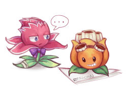 Rule 34 | ..., a.k.e.e. (plants vs. zombies), artist name, bandages, blue eyes, bow, bowtie, closed mouth, commentary, english commentary, flower, frown, goggles, goggles on head, grin, heart, jitome, leaf, looking at another, no humans, origami, paper, plant, plant focus, plants vs. zombies, plants vs. zombies 2, purple bow, purple bowtie, red flower, red stinger (plants vs. zombies), roshimii, simple background, smile, solid oval eyes, spoken ellipsis, white background