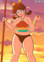 1girl assentlov blue_eyes breasts brooch brown_hair cosplay crossover earrings flower_earrings highres jewelry legs looking_at_viewer mario_(series) nami_(one_piece) nami_(one_piece)_(cosplay) navel nintendo one_piece one_piece:_strong_world princess_daisy ribbon shiny_skin shorts smug standing sunset super_mario_land thigh_gap tomboy tongue tongue_out twintails