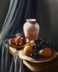 1girl absurdres ahoge bowl closed_mouth commentary curtains english_commentary food fruit grapes highres in_container indoors japanese_clothes joaoloss4 kimono looking_at_viewer mini_person minigirl pear pot purple_hair red_eyes red_kimono sash short_hair smile solo sukuna_shinmyoumaru touhou