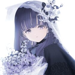 Rule 34 | 1girl, absurdres, arched bangs, black dress, bouquet, cardcaptor sakura, daidouji tomoyo, dress, edoya inuhachi, flower, hair flower, hair ornament, hair over shoulder, highres, lace, lace-trimmed dress, lace-trimmed veil, lace trim, leaf, lily of the valley, long hair, looking at viewer, pale skin, portrait, purple eyes, purple flower, purple rose, rose, see-through clothes, see-through veil, solo, veil, white background, white flower, white rose, white veil