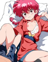 1boy 1girl blush braid braided_ponytail breasts bulge chinese_clothes erection erection_under_clothes hatohatoh head_on_pillow highres looking_at_viewer nipple_slip nipples penis_grab pillow ranma-chan ranma_1/2 shadow spread_legs tangzhuang