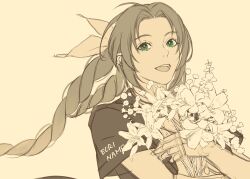 1girl aerith_gainsborough artist_name bouquet braid braided_ponytail brown_hair choker eorinamo final_fantasy final_fantasy_vii final_fantasy_vii_remake flower green_eyes hair_ribbon highres holding holding_bouquet jacket lily_(flower) long_hair looking_at_viewer open_mouth parted_bangs pink_ribbon redrawn ribbon short_sleeves sidelocks single_braid sketch smile solo upper_body