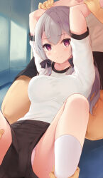 Rule 34 | 1girl, 2boys, arm grab, arm held back, assisted rape, bare legs, black bow, black shorts, blush, bow, breasts, clenched teeth, furrowed brow, grey hair, gym shirt, gym shorts, gym uniform, hair bow, hair ornament, held down, imminent rape, komone ushio, large breasts, leg grab, legs, light blush, long hair, multiple boys, original, panties, panty peek, pantyshot, red eyes, restrained, shirt, shorts, socks, solo focus, spread legs, sweatdrop, teeth, thigh grab, twintails, underwear, upshorts, white panties, white shirt