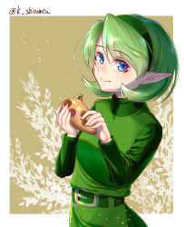 1girl belt blue_eyes commentary_request dress green_belt green_dress green_hair green_hairband hair_between_eyes hairband highres holding holding_instrument instrument karashino long_sleeves looking_at_viewer nintendo ocarina partial_commentary pointy_ears saria_(zelda) short_hair smile solo the_legend_of_zelda the_legend_of_zelda:_ocarina_of_time upper_body