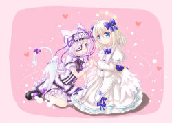 2girls angel_feather_alma bat_wings blue_wings capelet demon_tail dress emil_chronicle_online eyepatch frilled_dress frilled_headband frills medical_eyepatch multiple_girls purple_eyes purple_ribbon ribbon tail white_capelet white_familiar_alma white_hair white_tail white_wings wings yuri